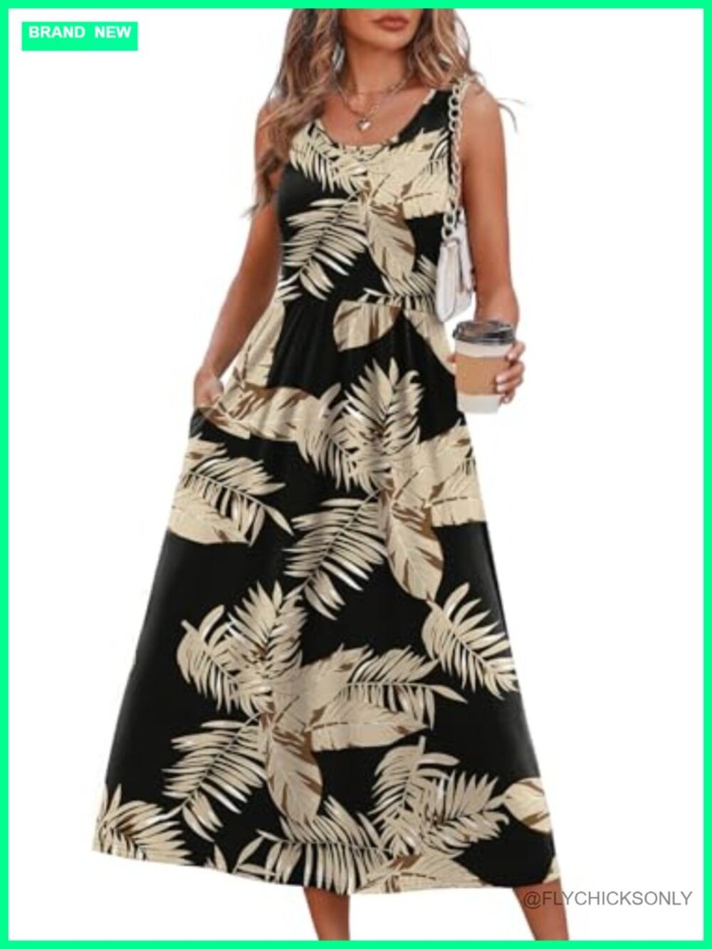 Women's Flowy Casual Midi Sundress with Pockets Sleeveless Scoop Neck Summer